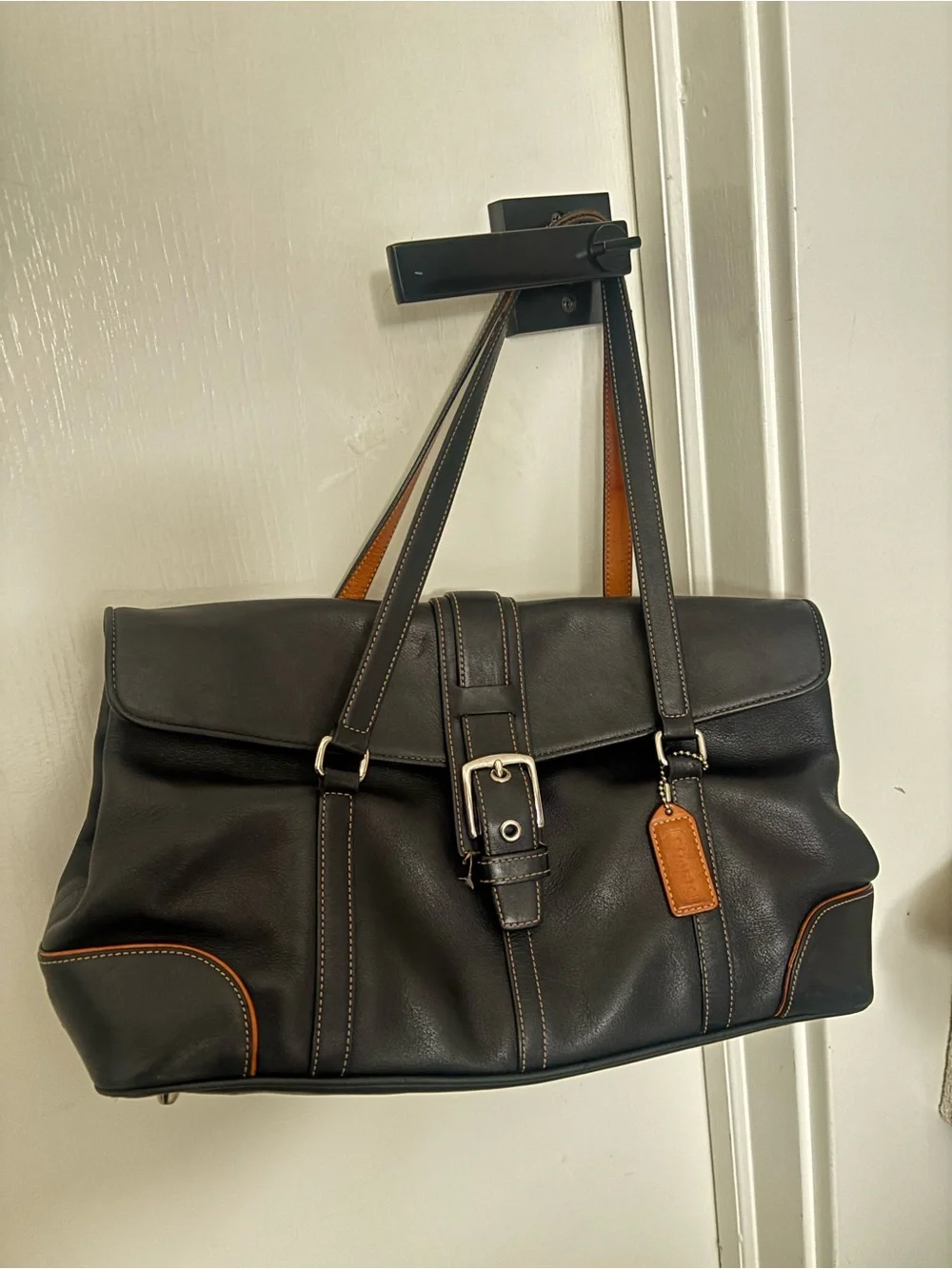 Coach Black Leather Duffel Bag with Tan Accents